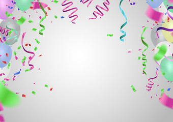 Festive colorful confetti against confetti and streamers on white background. Vector illustration.Balloons,