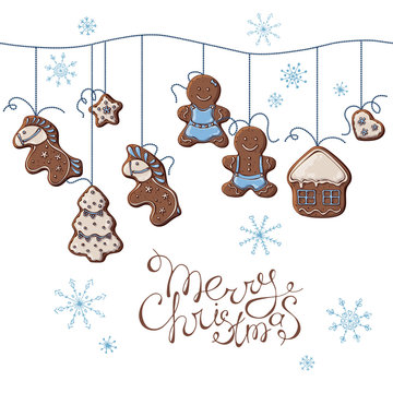 Group of vector colorful illustrations on the New Year Traditions theme; set of Christmas gingerbreads hanging on beads. Pictures contain realistic shadows and glare.