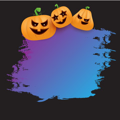 Halloween web violet grunge Banner or poster with Halloween scary pumpkins isolated on black background . Funky kids Halloween ultra violet banner with space for greeting text or sale