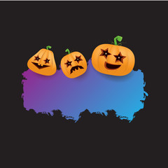 Halloween web violet grunge Banner or poster with Halloween scary pumpkins isolated on black background . Funky kids Halloween ultra violet banner with space for greeting text or sale