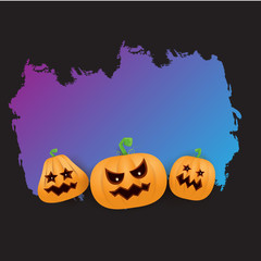 Halloween web violet grunge Banner or poster with Halloween scary pumpkins isolated on black background . Funky kids Halloween ultra violet banner with space for greeting text or sale