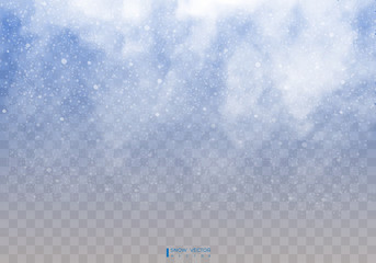 Falling snow on a transparent background. Snow clouds or shrouds. Fog, snowfall. Abstract snowflake background. Fall of snow. Vector illustrator 10 EPS.