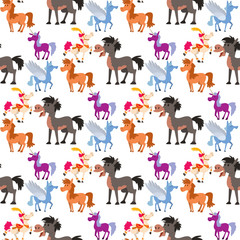 Horse pony stallion vector breeds color farm equestrian mammal domestic animal mane zoo character illustration seamless pattern background.