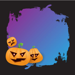 Halloween web violet grunge Banner or poster with Halloween scary pumpkins isolated on black background . Funky kids Halloween ultra violet banner with space for greeting text or sale