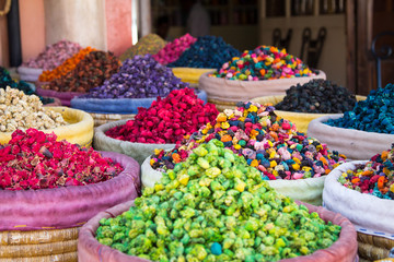 Large wicker baskets with dried flowers on the market in the medina of Marrakesh. Africa Morocco
