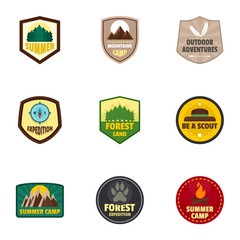 Camp logo emblem set. Flat set of 9 camp vector logo emblem for web design