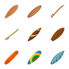 Colorful surf board icon set. Flat set of 9 colorful surf board vector icons for web design