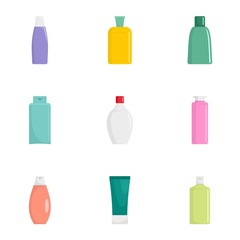 Cosmetic bottle icon set. Flat set of 9 cosmetic bottle vector icons for web design