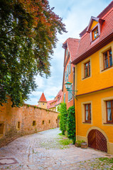 Beautiful streets in Rothenburg ob der Tauber with traditional German houses, Bavaria, Germany