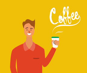 young man chracater like to drink a coffee. cartoon vector illustration flat design.