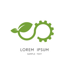Infinity nature logo - sprout with green leaves and gear wheel or pinion symbol. Ecology, environment and industry vector icon.