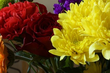 colourful bouquet closeup with rose, chrysanthemum and carnation