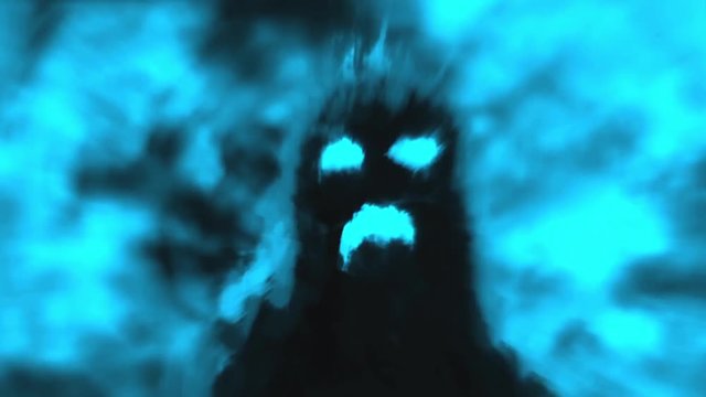 Scary monster shadow on blue background. Animation in genre of horror. 