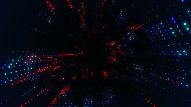 Animation of flying into digital technologic tunnel from glowing and flickering particles. Animation of seamless loop.