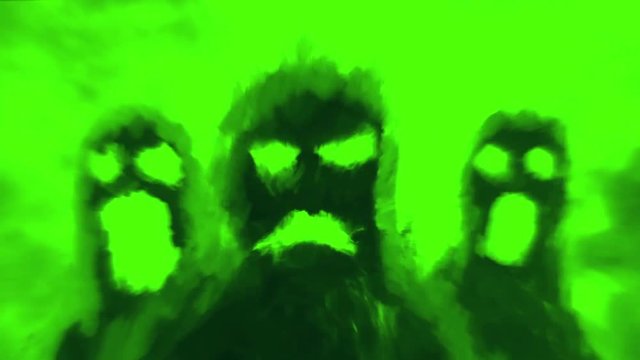 Scary monsters shadows on green background. Animation in genre of horror. 