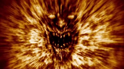 Angry demon face screams in fire. Digital 2D animation. Horror fantasy genre. Evil burning devil head. Suspense movie. Spooky animated Vj loop video clip. Cruel ghost attack. Orange color background.