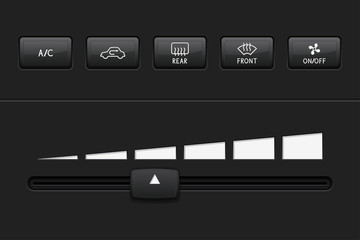 Car dashboard elements with black push buttons and level slider