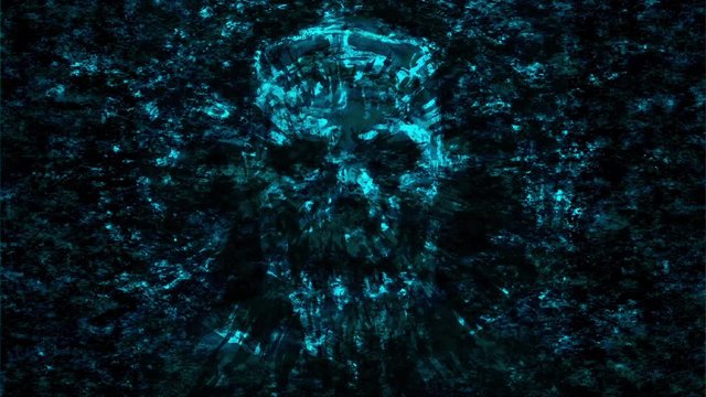 Terrible skull abstraction into small debris.Genre of horror. Scary character head. Blue background color.