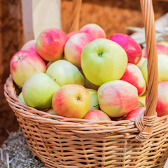 close up of red ripe apples in a basket at the farmer's market