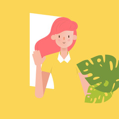 Woman hands up character with leaves.