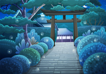 Colorful japanese landscape of stone stairs heading to a shrine through a wooden torii at night. Garden with bushes,trees and fireflies. Vector illustration. - obrazy, fototapety, plakaty