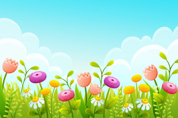 Fototapeta na wymiar Cute cartoon flowers in green grass border. Pink tulips, chamomile and yellow buds. Spring scene with blue sky ans clouds. Vector illustration.