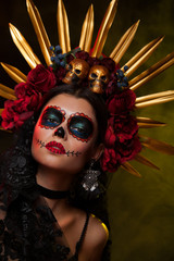 Creative image of Sugar Skull. Neon makeup for Halloween or Dia De Mertos holiday.