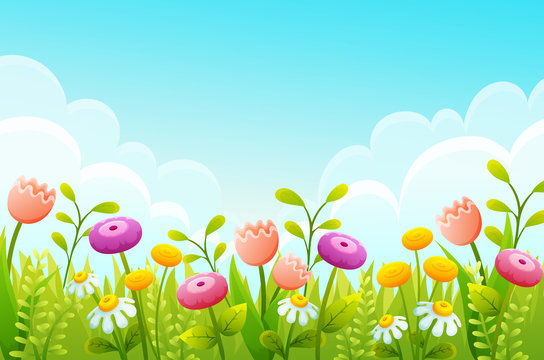 Cute cartoon flowers in green grass border. Pink tulips, chamomile and yellow buds. Spring scene with blue sky ans clouds. Vector illustration.