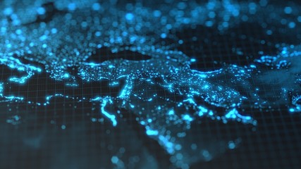 dark earth map with glowing details of city and human population density areas. wiew of middle east. 3d illustration