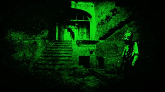 Green ghosts on the stairs in an abandoned hospital. The horror genre animation.