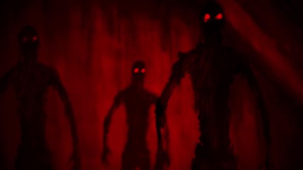 Attack zombies inside tomb. 2D animation horror fantasy genre. Scary backdrop movie. Gloomy animated short film. Nightmare for Halloween. Apocalyptic doomsday theme. Black and red background color. 