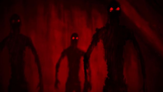 Attack zombies inside tomb. 2D animation horror fantasy genre. Scary backdrop movie. Gloomy animated short film. Nightmare for Halloween. Apocalyptic doomsday theme. Black and red background color. 