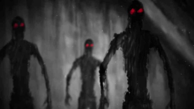 Attack evil zombies inside tomb. Animation in horror fantasy genre. Scary backdrop movie. Gloomy animated short film. Nightmare for Halloween. Apocalyptic doomsday theme. Black and white background.
