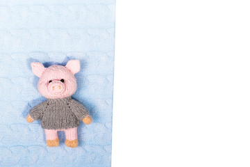 New Year knitted toy pig on a knitted textured background with paper fields for filling