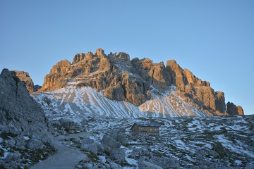 Lavaredo mountain hut, aka Rifugio Lavaredo, at Tre Cime massive, Dolomites