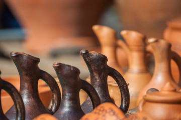 Traditional Georgian clay jugs for sale in the village of Shrosha, Georgia