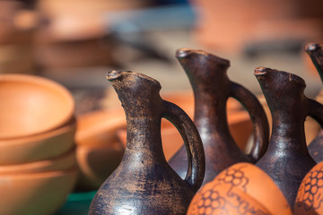 Traditional Georgian clay jugs for sale in the village of Shrosha, Georgia