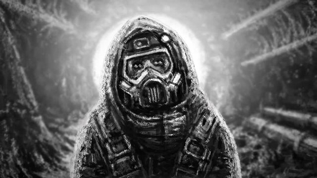 Man in protective suit and gas mask. Infection area. 2D animation in sci-fi horror genre. Light in spooky tunnel. Infection area. Dark future humanity and world end. Scary animated video clip. 