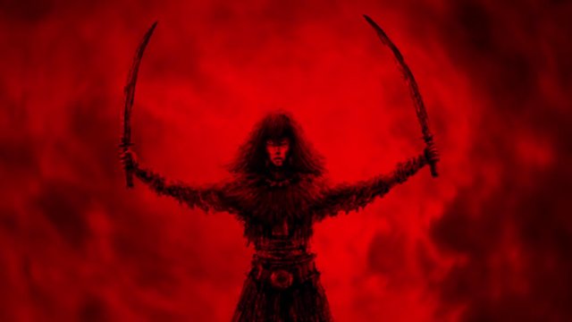 Danger girl warrior raises two swords prepares for battle. Evil ghost horror fantasy 2D animation. Warlike female character for video clip. Bloody storm hell gate. Black and red abstract background.