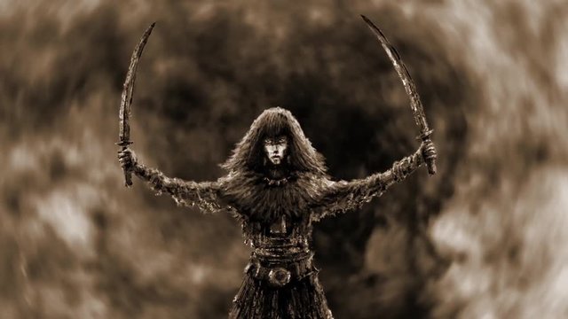 Epic amazon witch with two blades against backdrop of hurricane. 2D animation in horror fantasy. Creepy cartoon, footage, vj, fx. Scary animated movie teaser. Horrible hell visions. Swords and magic.