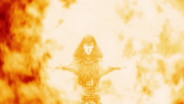 Warrior girl with two raised sabers. Fantasy animation. Burning background.