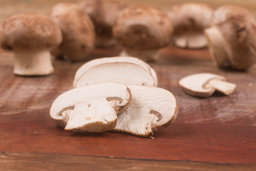Slices of Fresh champignon mushrooms in a bowl
