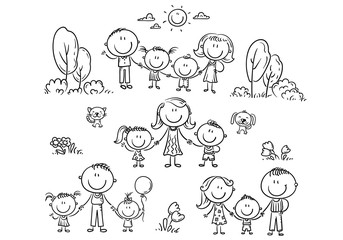 Happy families set with children, outline illustration