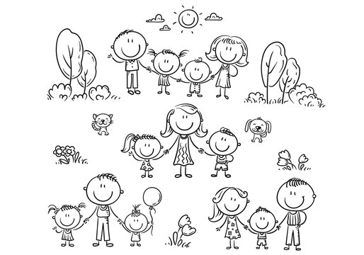 Happy families set with children, outline illustration