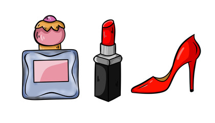 Set of female shoes, lipstick and perfume on white background.