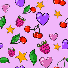 Seamless pattern with hearts, stars, raspberries, cherries and leaves on pink background. Wallpaper and fabric design.