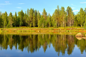 Fototapeta na wymiar Summer landscape in Finnish Lapland. Reflection in forest lake