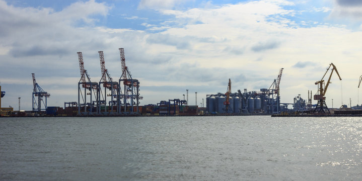 View from the sea to the cargo port