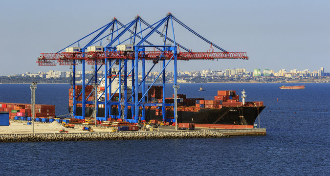 Odessa, Ukraine - September 20, 2018. Container ship unloaded at cargo port