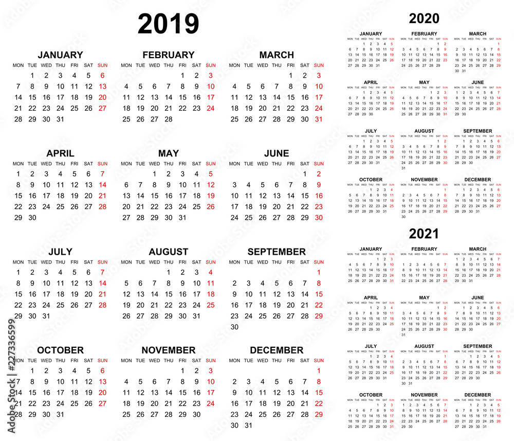 Aufkleber simple editable vector calendars for year 2019 2020 2021 mondays first sundays in red